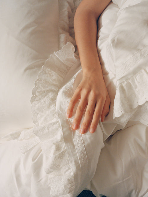Close-up of Chantilly eyelet ruffles and cotton lace details on the duvet cover