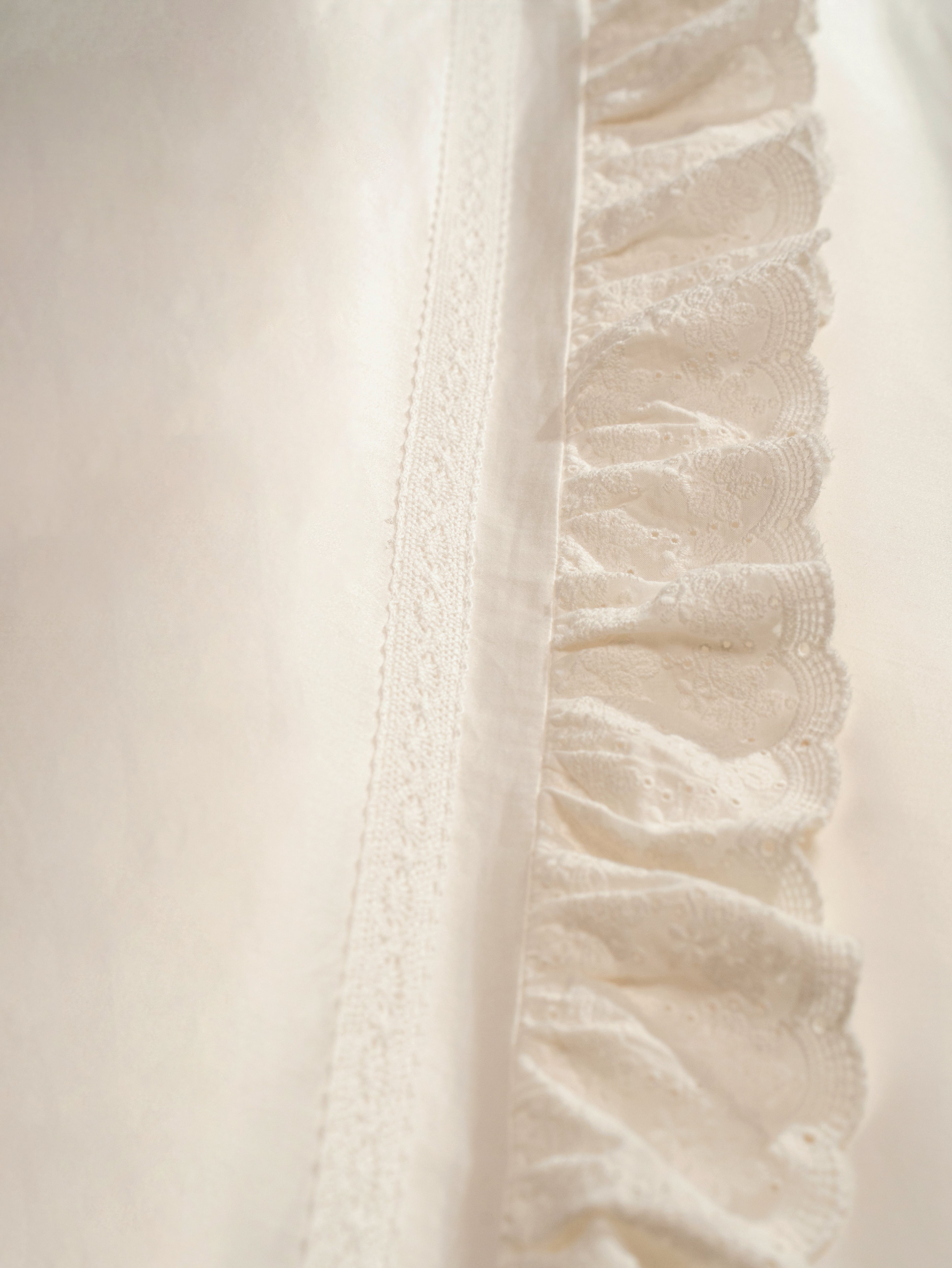 Close-up of scalloped eyelet ruffle and cotton lace trim from the Chantilly Collection