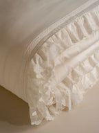 Scalloped eyelet ruffle detail along the edge of the Chantilly duvet cover