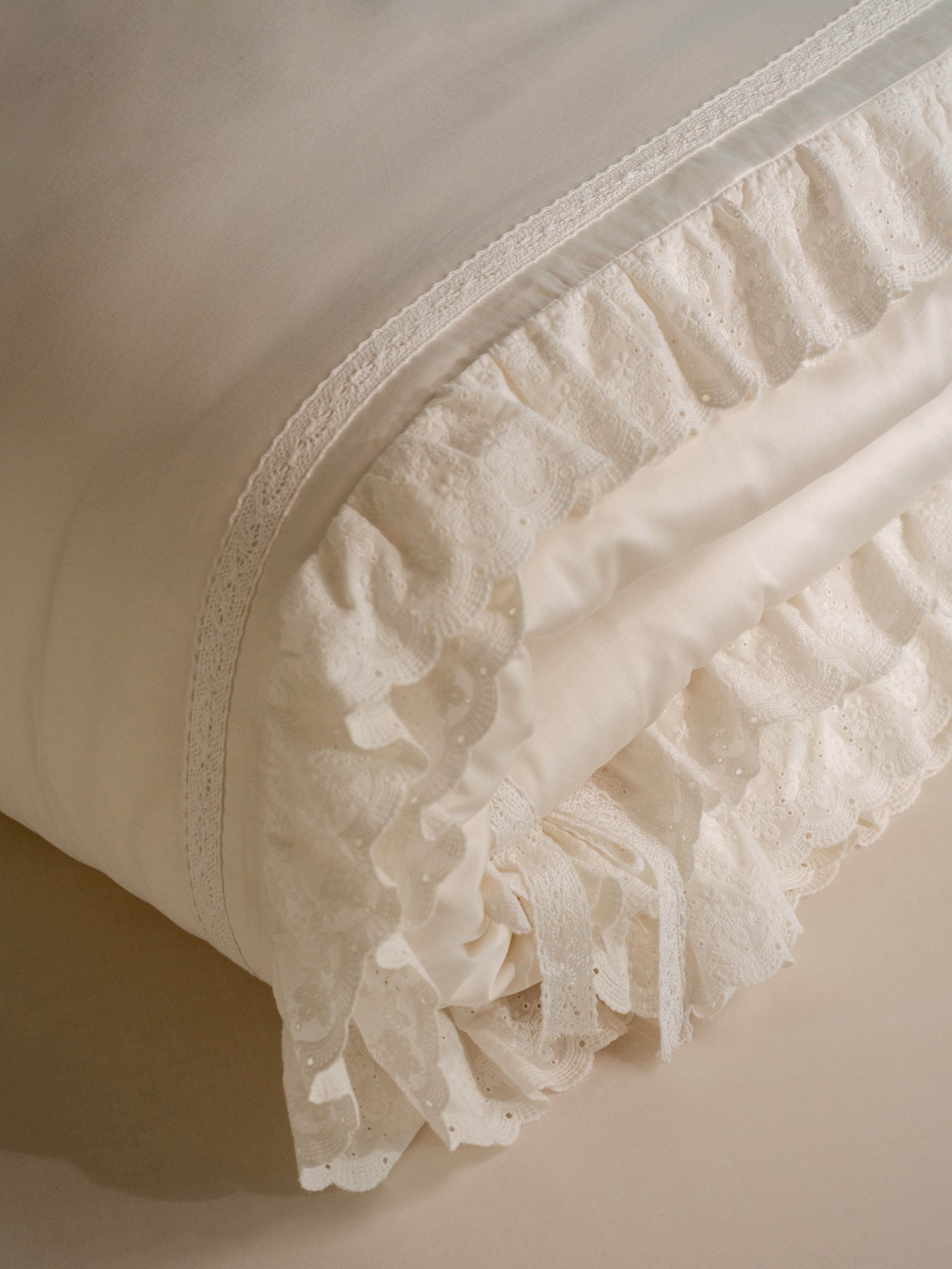 Scalloped eyelet ruffle detail along the edge of the Chantilly duvet cover