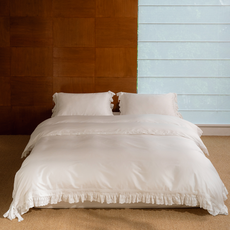 Chantilly ruffle and bow bedding set in ivory Egyptian cotton sateen