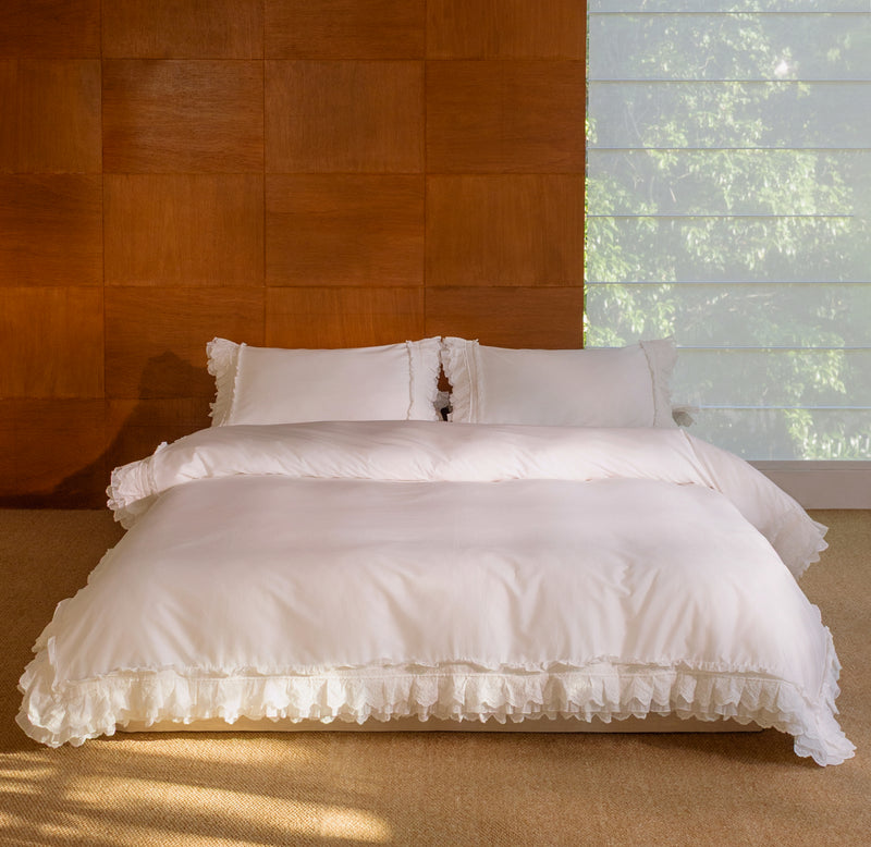 Crème romantic bedding set with layered ruffles in ivory Egyptian cotton sateen