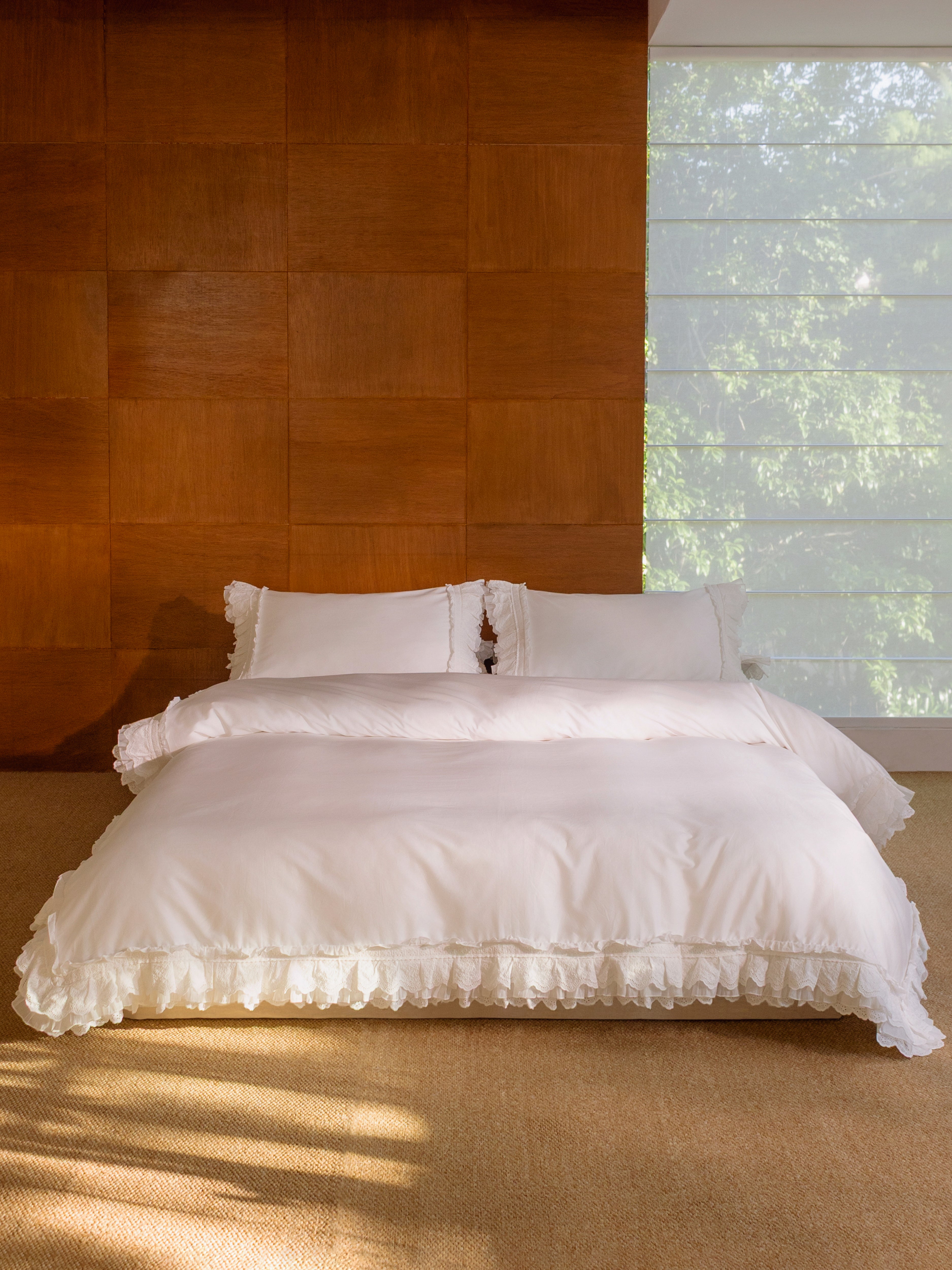 Crème romantic bedding set with layered ruffles in ivory Egyptian cotton sateen