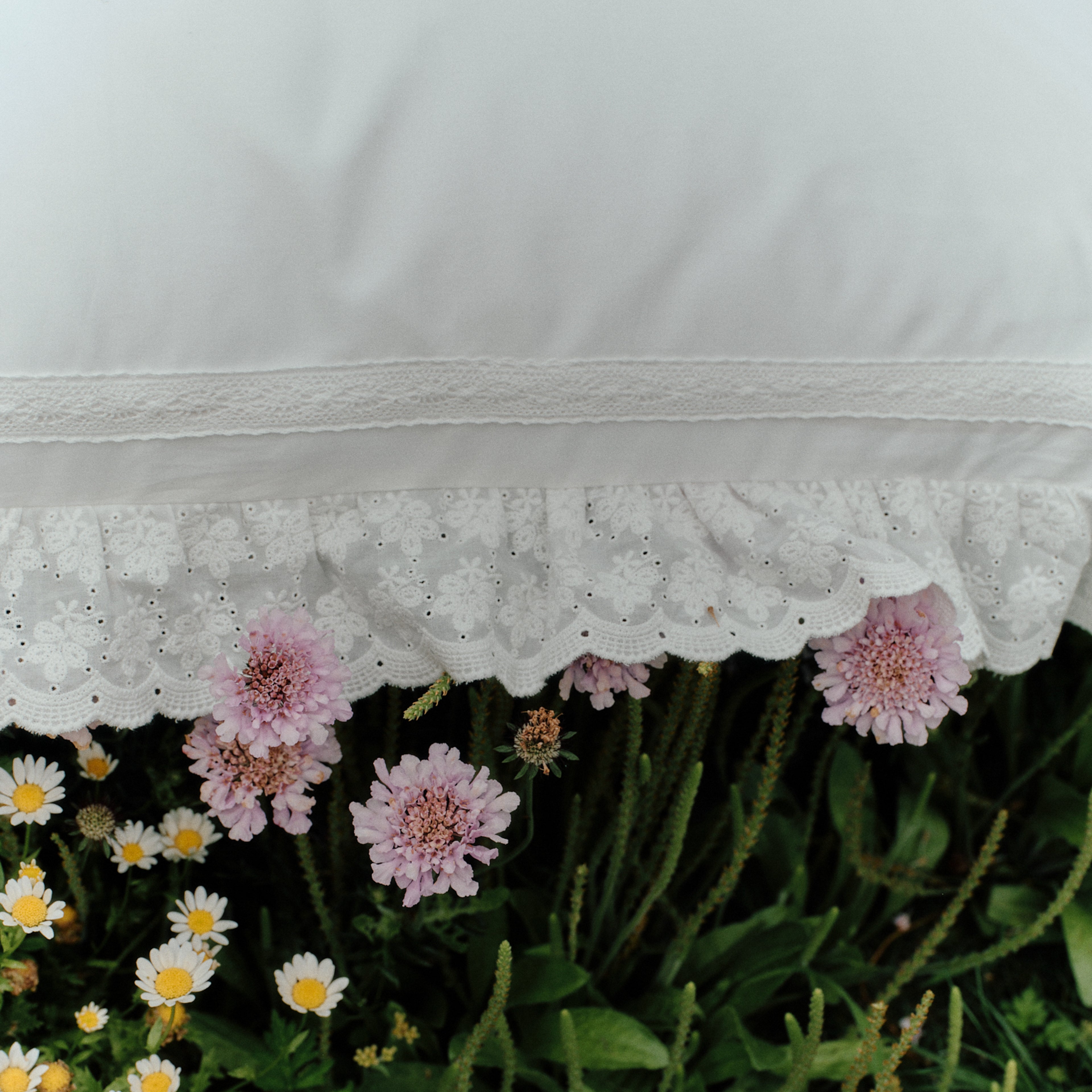 Close-up of Chantilly collection bedding with eyelet ruffle and cotton lace trim